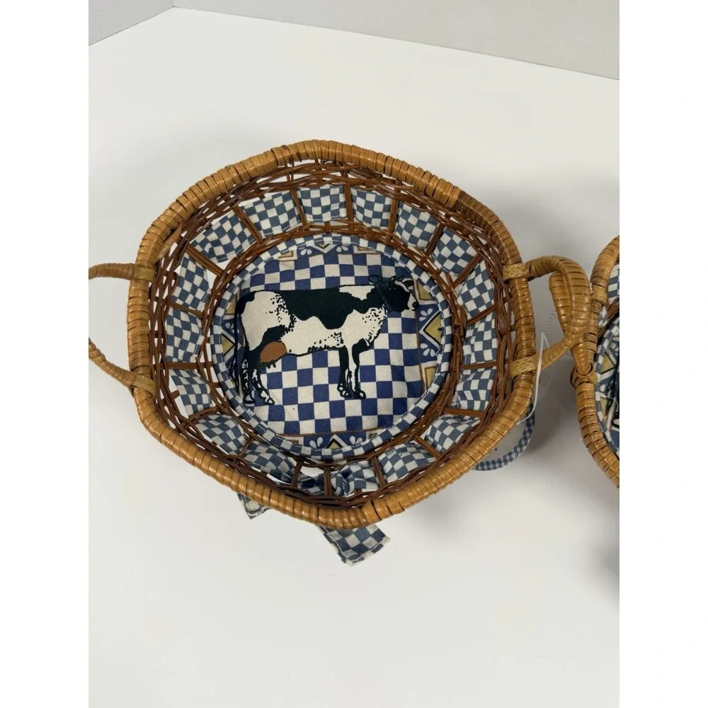 Round Wicke Cow Print Trinket Baskets lined Set of 2 NWT Country Farmhouse